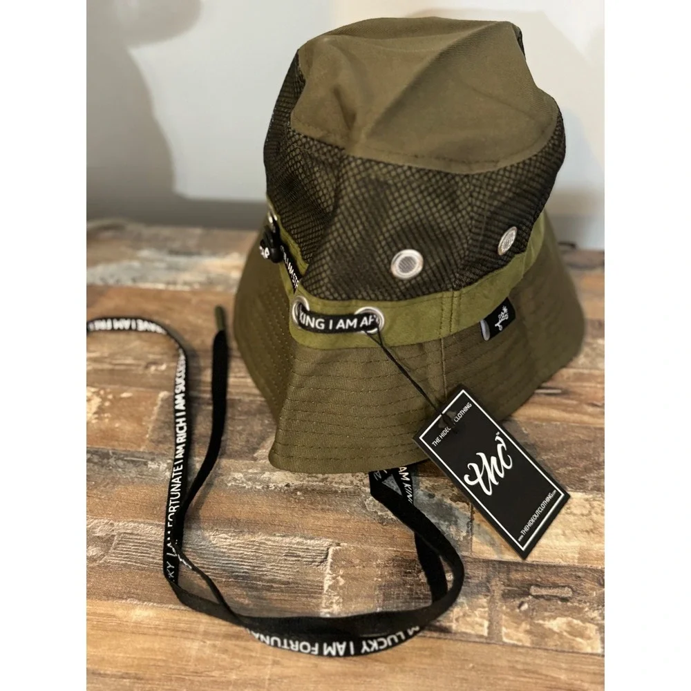The‎ Hideout Clothing Olive Green Bucket Hat Mesh Accents Strap New